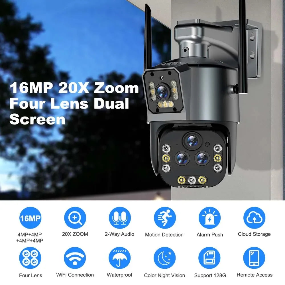 10K 20MP WiFi IP Camera 20X Zoom Four Lens Three Screen PTZ Cameras Outdoor 16MP 8K Video Surveillance Cam CCTV Security Camera Zpaxo