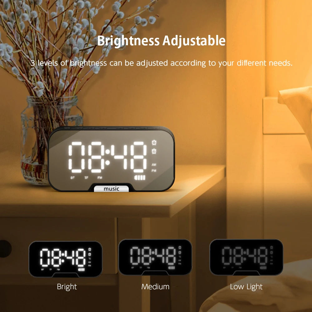 Digital Mirror Surface Alarm Clock Desktop Portable BT Speaker & FM Radio Rechargeable Support TF Card for Home Office Travel Zpaxo