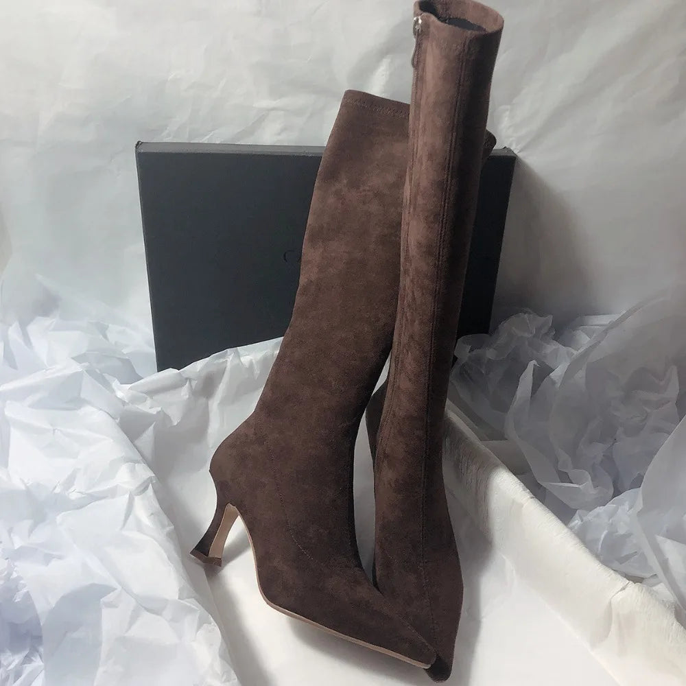 Women Stretch Modern Long Boots Fashion Pointed Toe Knee Booties Zpaxo 35 Brown