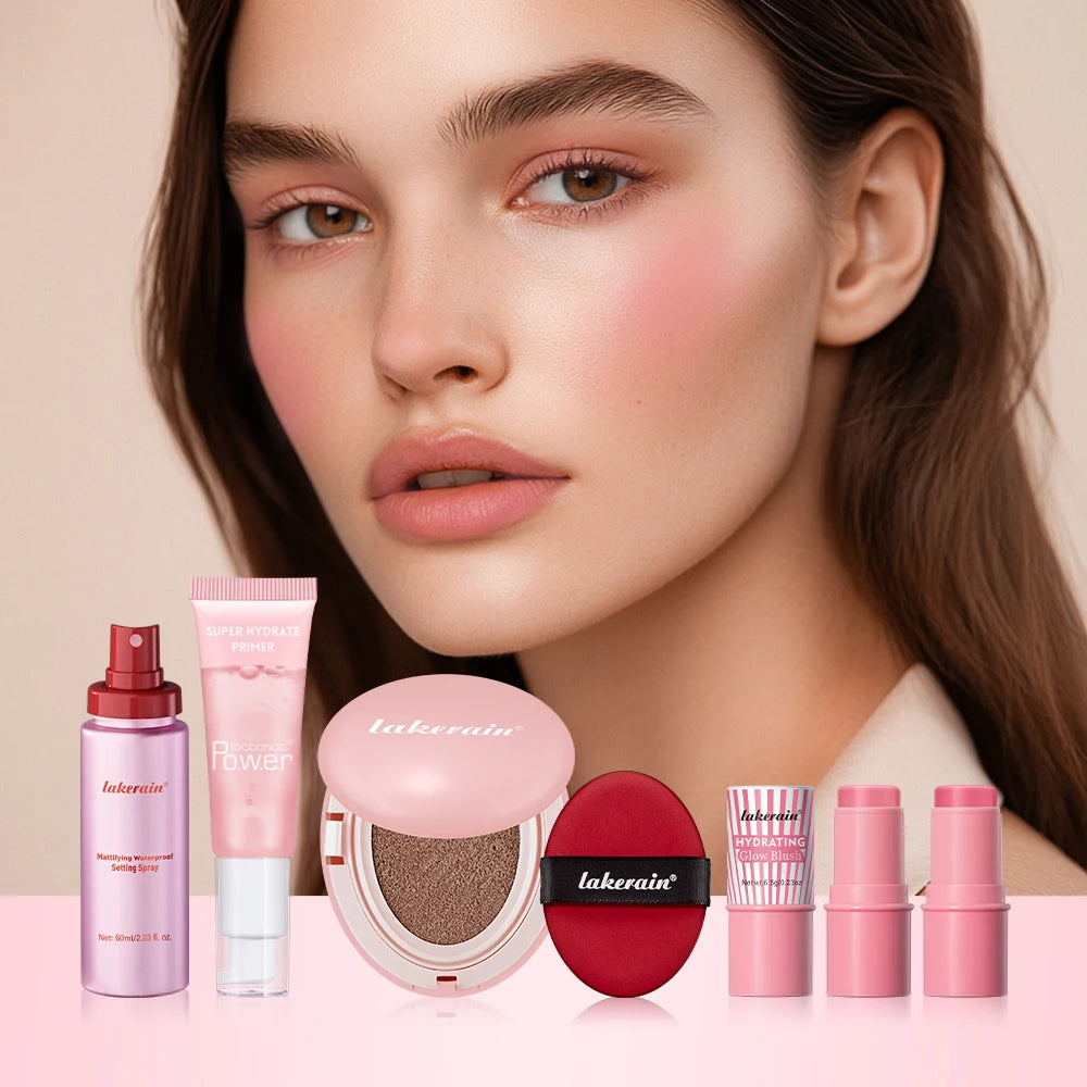 Pink Makeup Set Primer Setting Spray Include Air Cushion Foundation Base MakeupLipstick 5pcs/set Blush Hold Cosmetics Kit Zpaxo 23N Sand