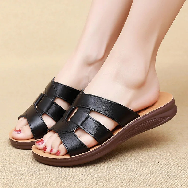 White Leather Wedge Slide Sandals Women Cutout Design Open Toe Non Zpaxo