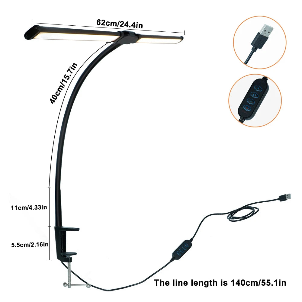 LED Eye-Caring Computer Monito Desk Lamp 10 Level Dimming 3 Color Mode Flexible LED Architect Table Light Reading Lamp for Home Zpaxo 2-Head Black