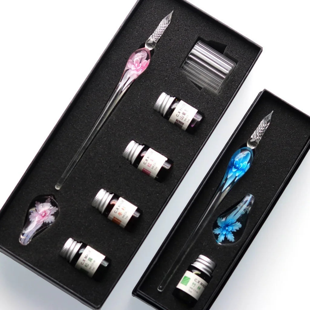 Embedded Flower Glass Dip Pen Set – Elegant Gift Box