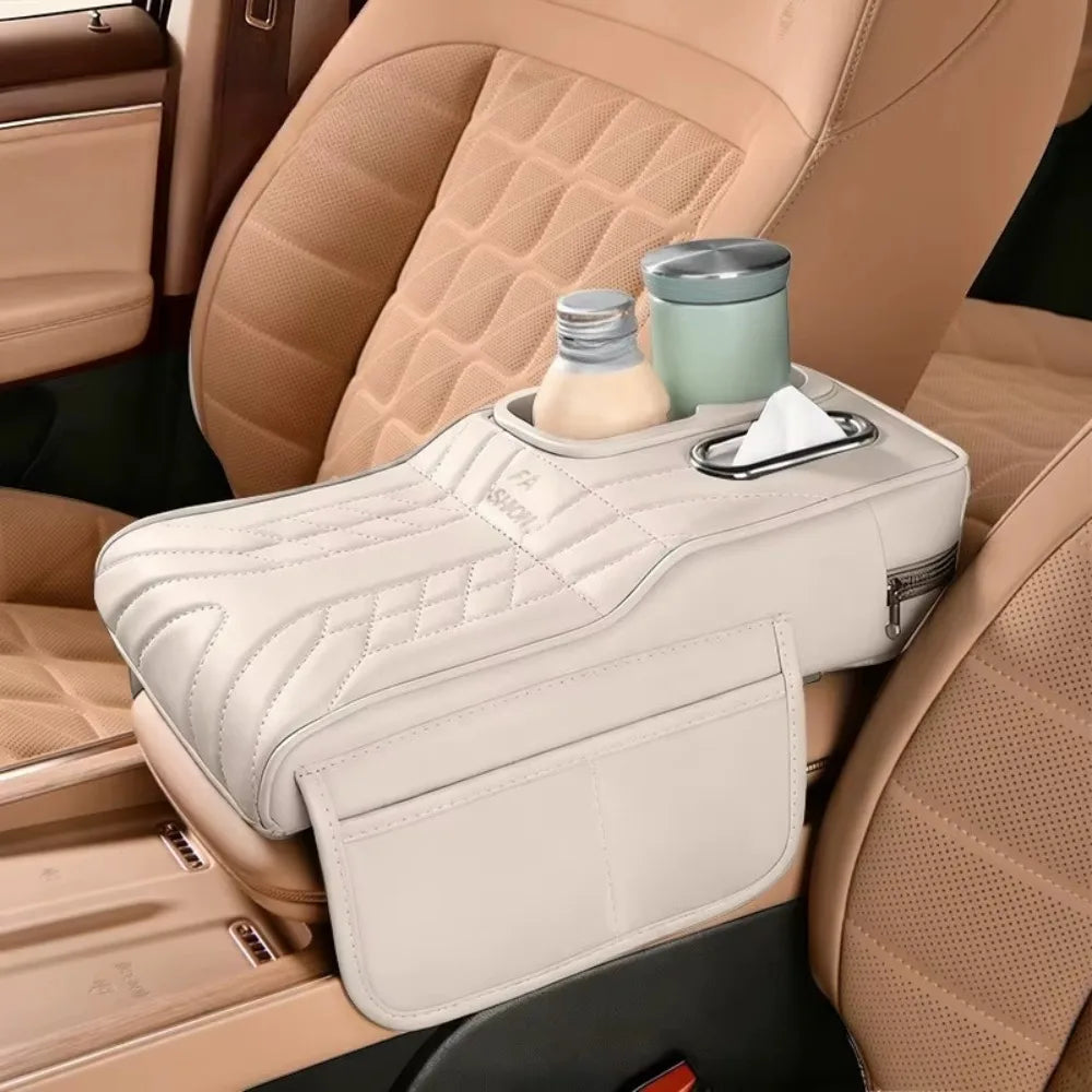 PU Leather Car Armrest Box Height Increase 2 Cup Holder Vehicle Armrest Cushion Comfortable Console Organizer Zpaxo White