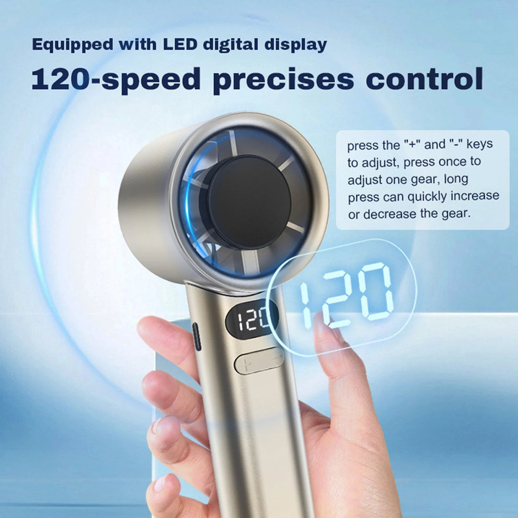 Handheld Fan High-Speed Portable Turbofan USB Rechargeable Electric Fan with Digital Display Support 120-Speeds Infinitely Fan Zpaxo Gold 220V-240V EU Plug