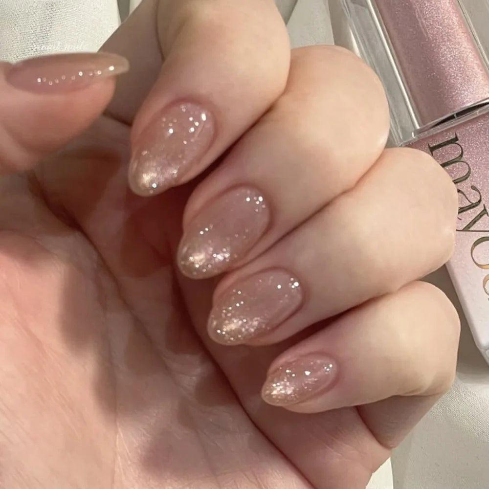 Manicure Long Almond False Nails French White Edge Fake Aurora Flower Zpaxo JP4044