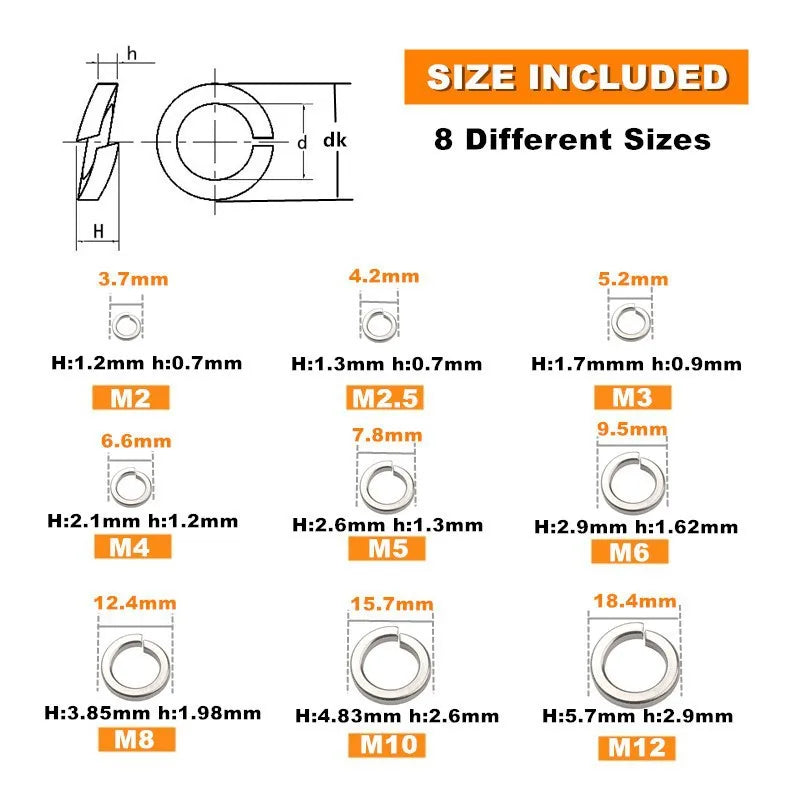Boxed 304 Stainless Steel Spring Washer Assortment Lock M2-M12