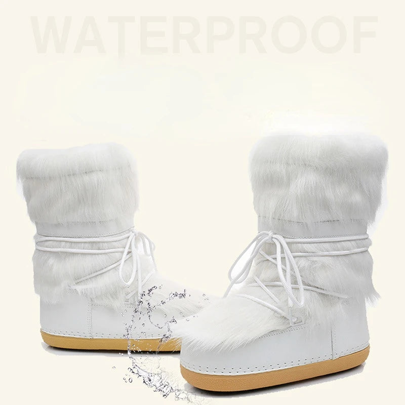 2024 Winter Snow Boots Women Ski Fluffy Hairy Lace Up Middle Calf Zpaxo