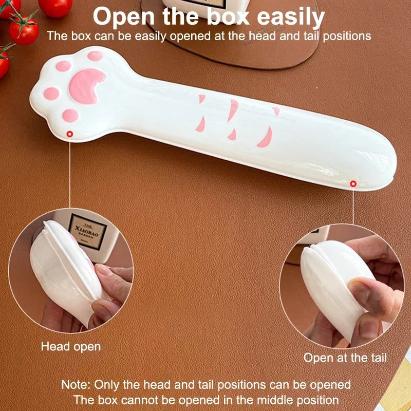 Stainless Steel Cute Cat Paw Fork Spoon Cutlery Set With Storage Box Dinnerware Tableware Silverware Lunch Portable Tableware Zpaxo
