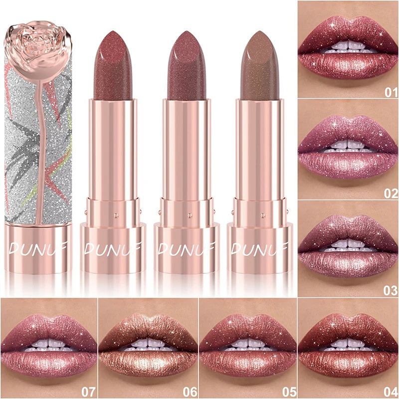 7-color Pearlescent Pink Glitter Velvet Lipstick Metallic Waterproof Long Lasting Shimmer Diamond Lipstick Women Makeup Cosmetic Zpaxo