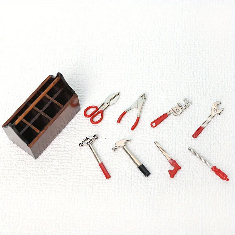 9-Piece 1:12 Dollhouse Miniature Toolbox Set – Handmade Wood Tools Dollhouse Miniature Set Zpaxo Brown