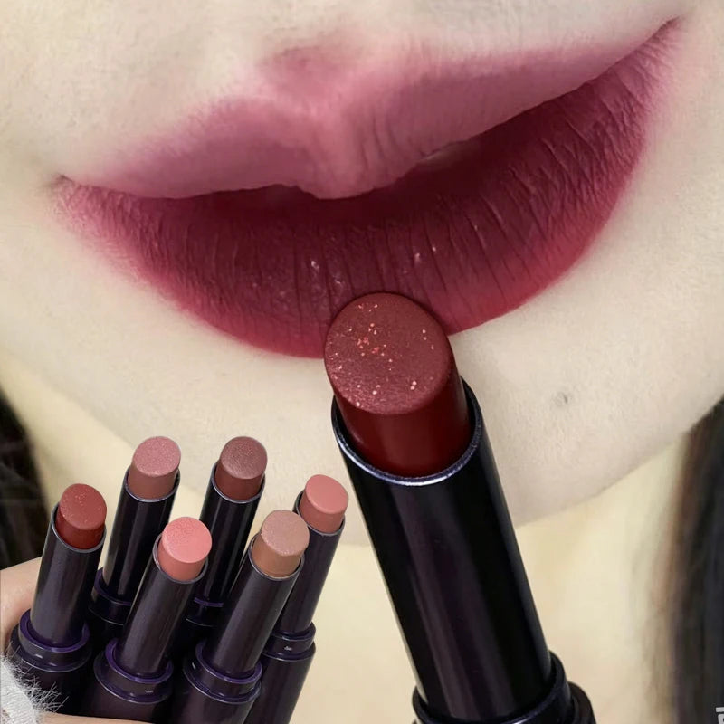 6-color Matte Velvet Lipstick Smooth Waterproof Lasting Lip Stick Solid Lip Gloss Sexy Dark Red Fine Glitter Lip Glaze Makeup Zpaxo