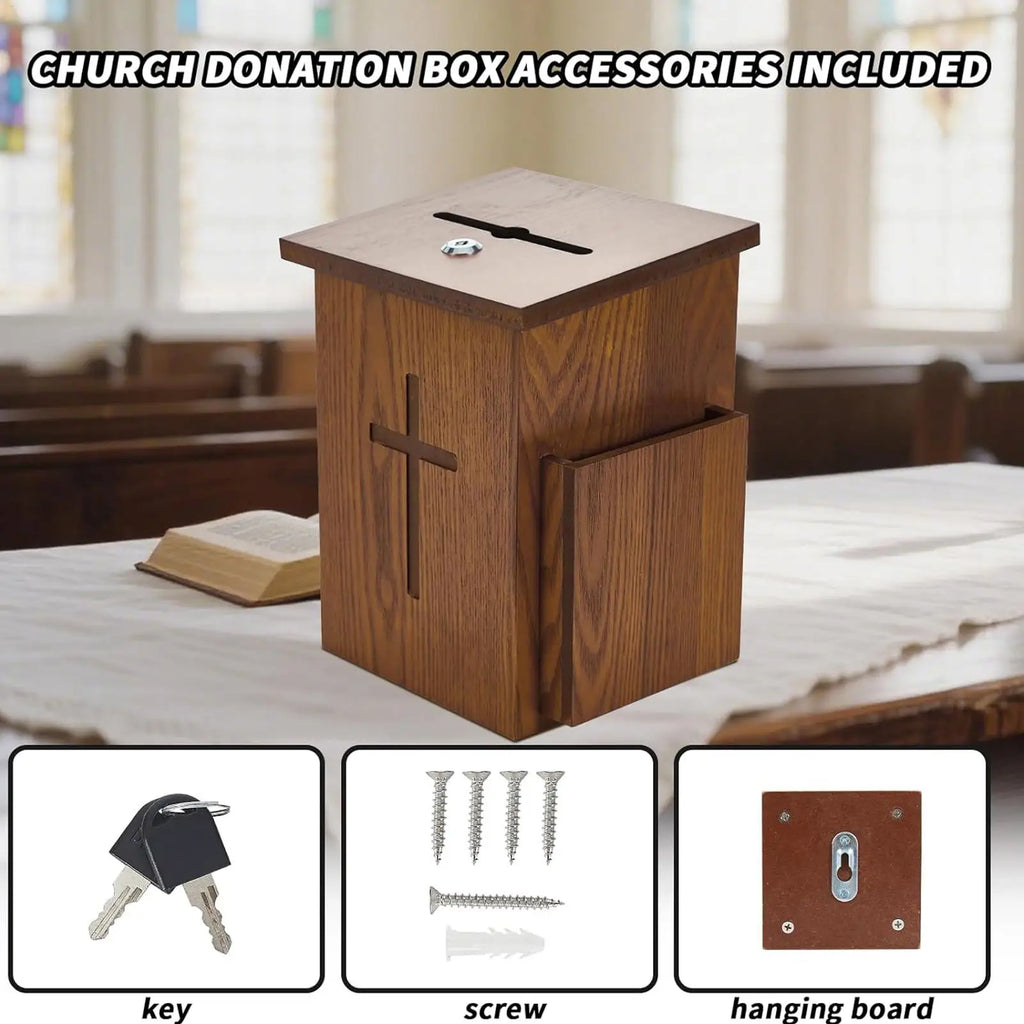 Church Offering Box Wooden Wall Mounted Lockable Cross Offering Box for Charity for Parish Shrine Funeral Tithe Event Religious Zpaxo