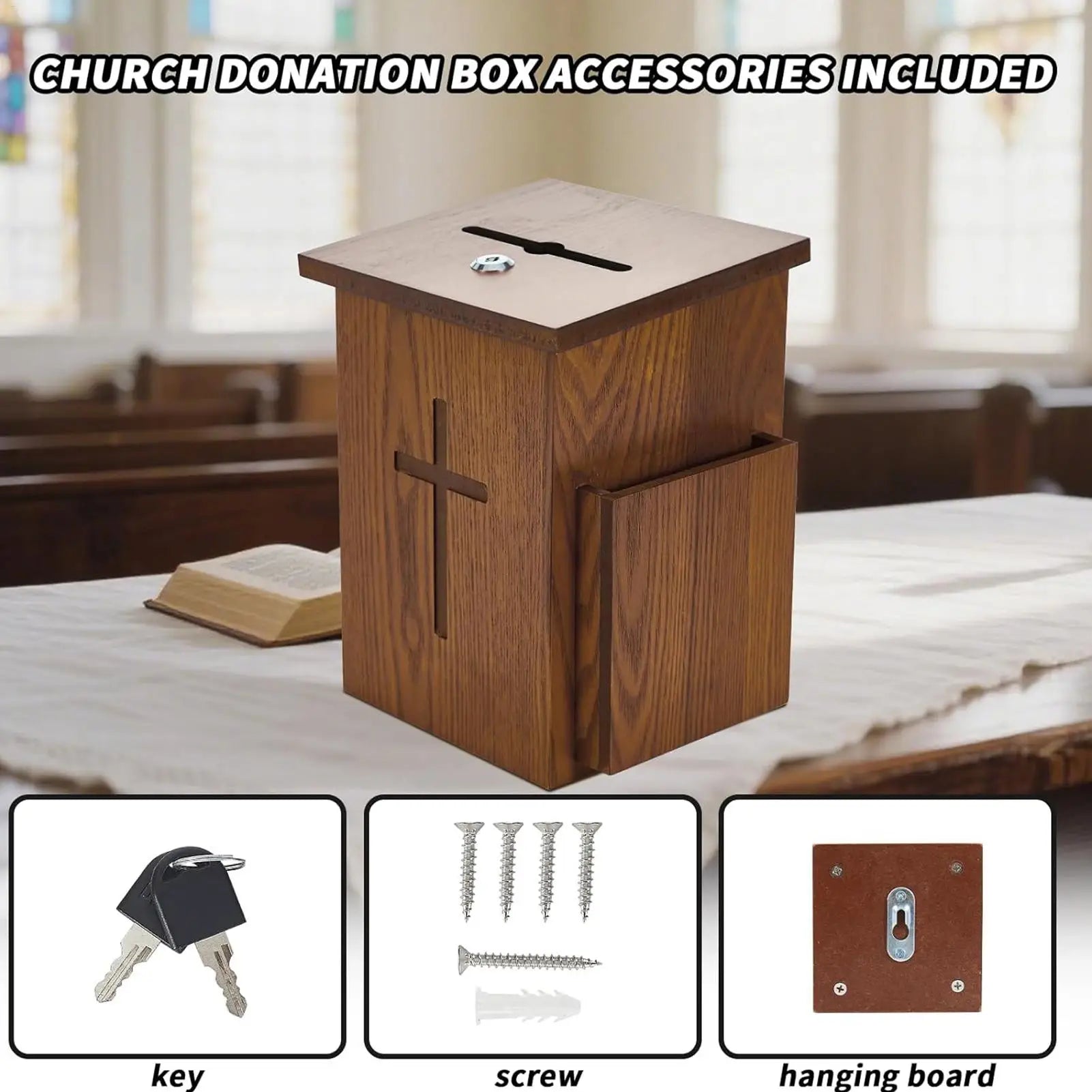 Church Offering Box Wooden Wall Mounted Lockable Cross Offering Box for Charity for Parish Shrine Funeral Tithe Event Religious Zpaxo