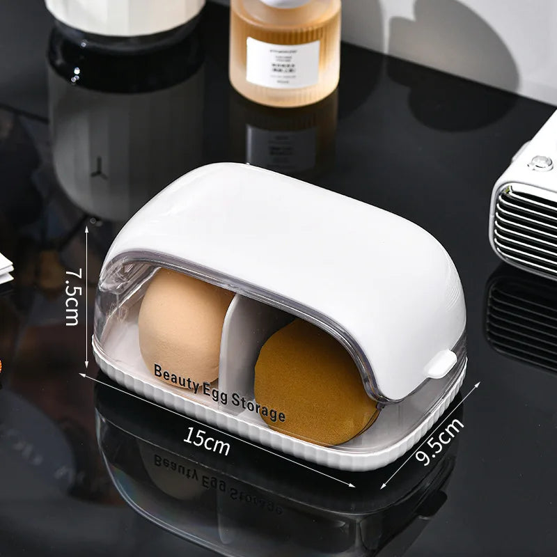 Makeup Egg Storage Box Cover Dustproof Dressing Table Lipstick Air Cushion Storage Rack Divided Portable Powder Puff Storage Box Zpaxo White