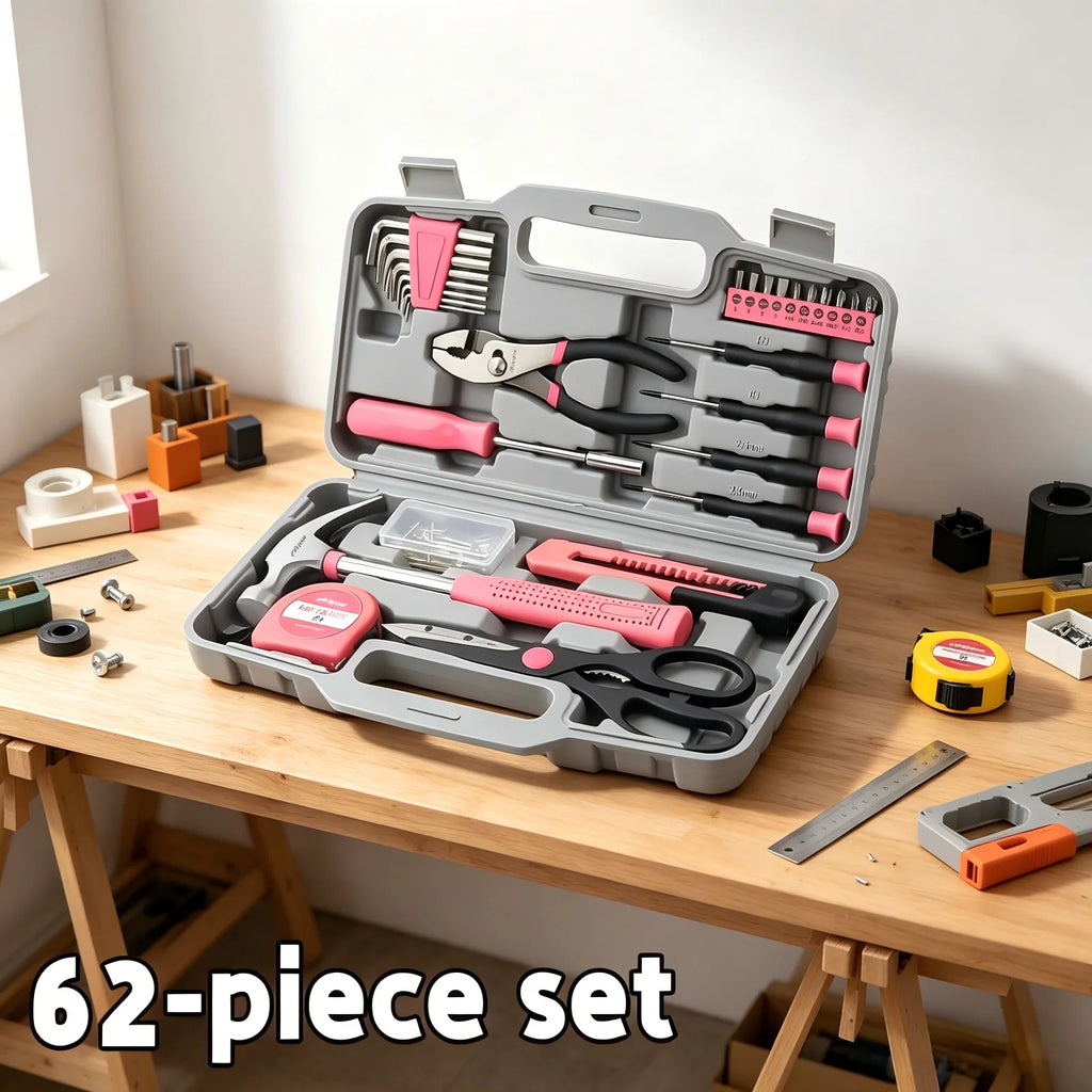 62pcs Toolbox with Hammer Pliers Wrenches Screws, Home Repair Kit, Portable Multi-Tool Set for Men Women,Father’s Day Halloween Zpaxo 62-As shown