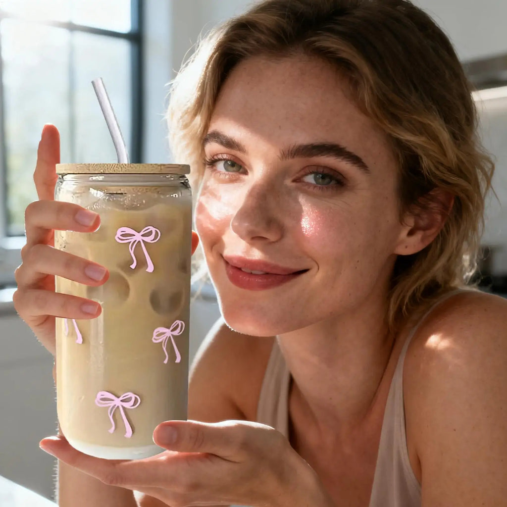 Bow Shape Glass Cup Lid Straw Cute Aesthetic Drinkware Iced Coffee