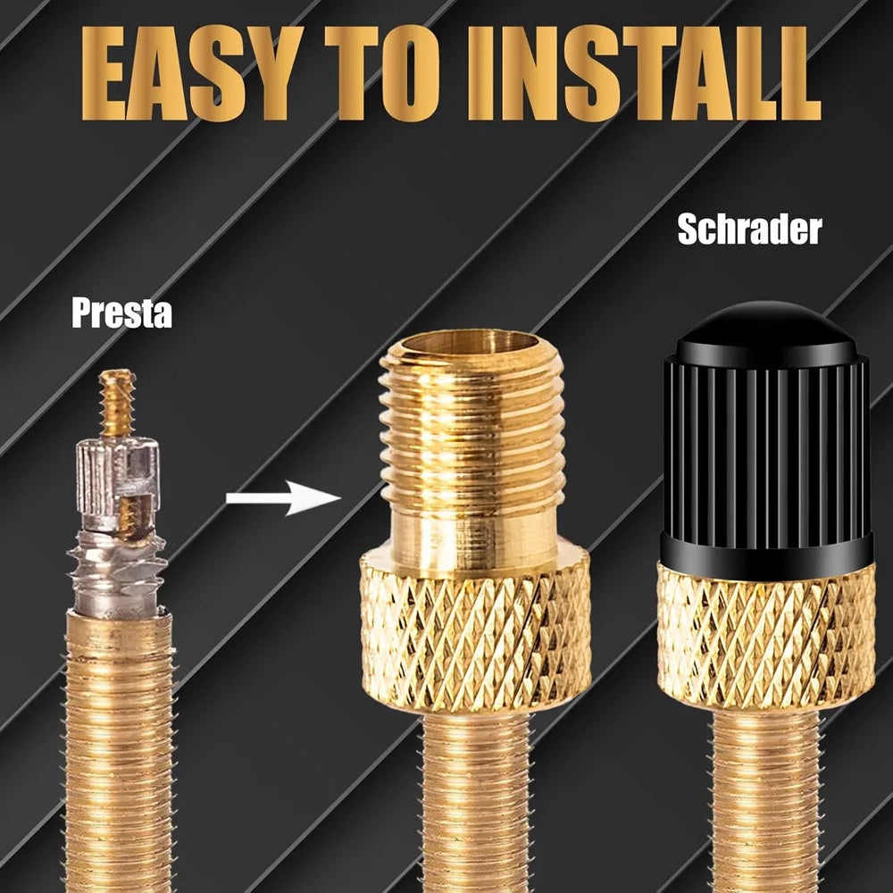 Brass Presta to Schrader Valve Adapter 2-Pack + Valve Caps