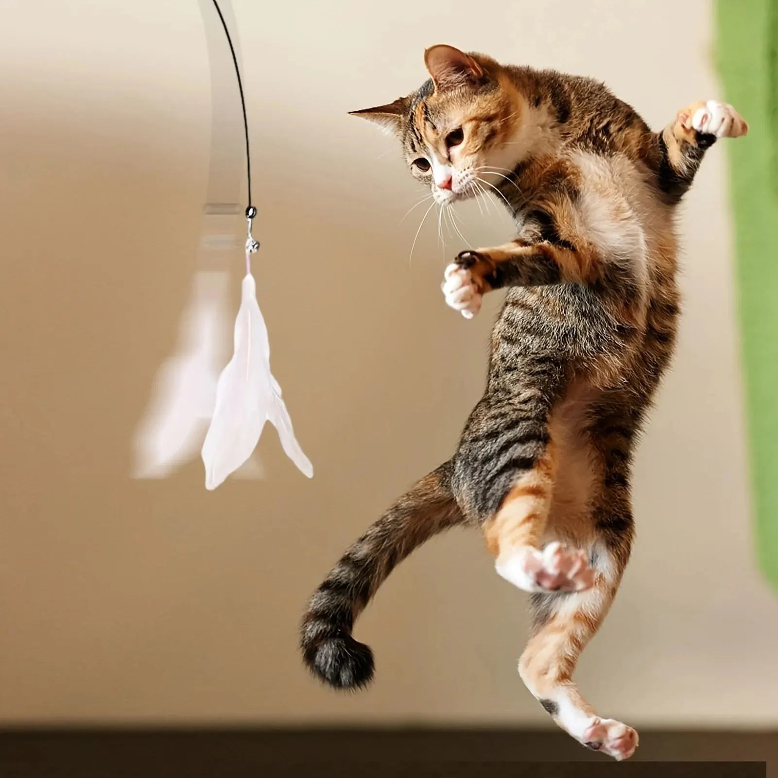 Interactive Cat Teaser Wand Bell Feather Long Suction Cup Pole Toy