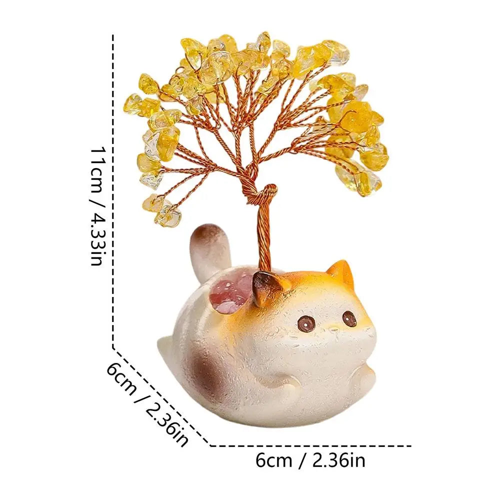 Citrine Crystal Money Tree Cute Kitten Statue Cat Decoration Desk Car