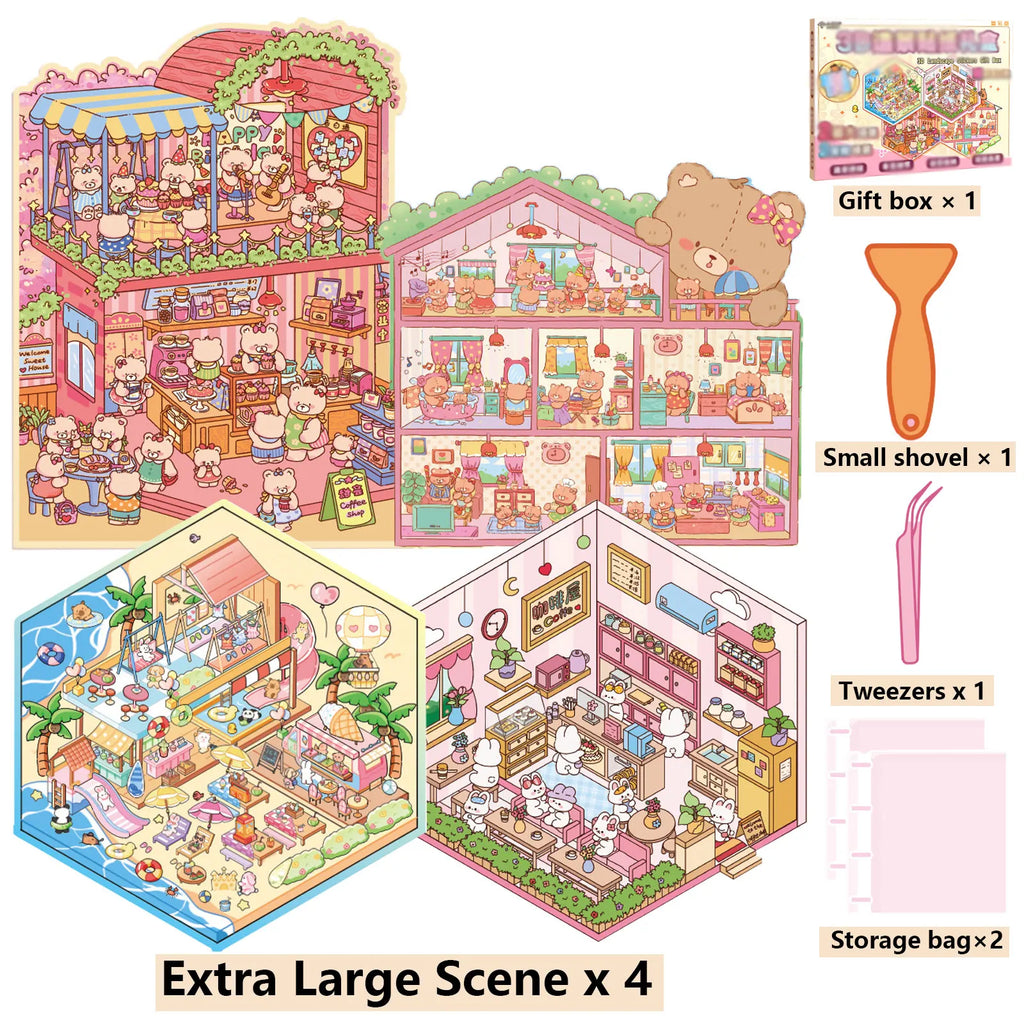 4 scene cardstock + 9 stickers + 1 tweezers + 1 small spatula + 2 pieces of storage bag + 1 gift box miniature scene combo set Zpaxo Sticker Box