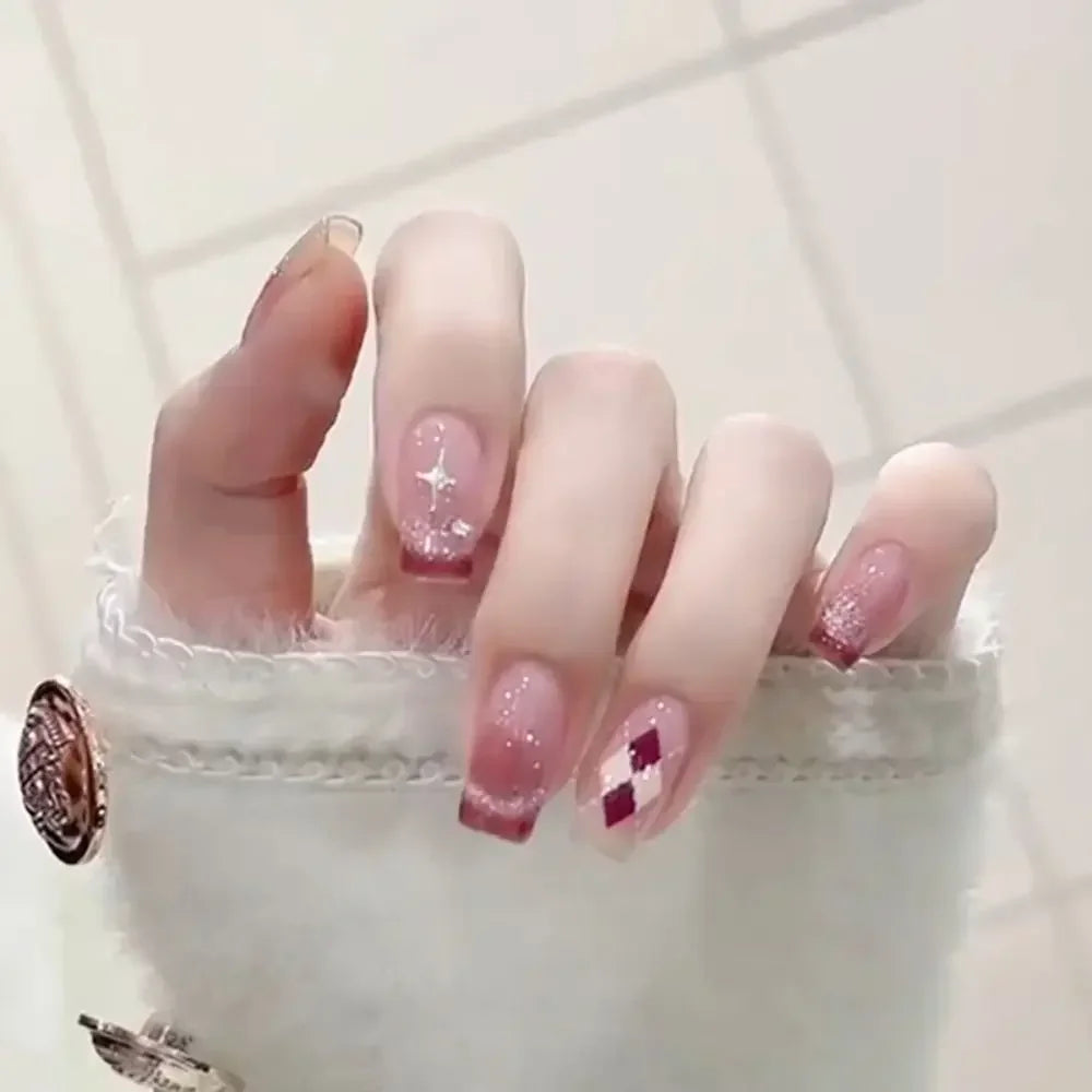 Short Round False Nails French Blue Sparkling Pearl White Wavy Love Zpaxo GN004