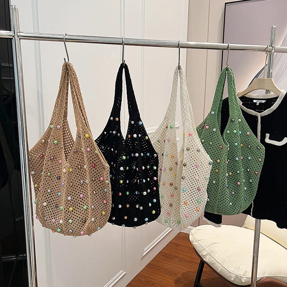 Women Boho Crochet Bag Colored Beads Aesthetic Knit Large Capacity