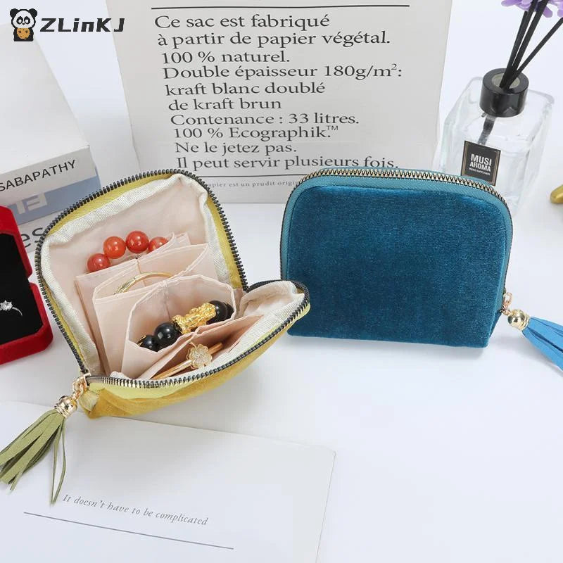 ▶1Pcs Soft Velvet Jewelry Pouch Multiple Inner Compartments Tassel Zipper For Travel Daily Use Storing Rings Earrings Necklaces Zpaxo