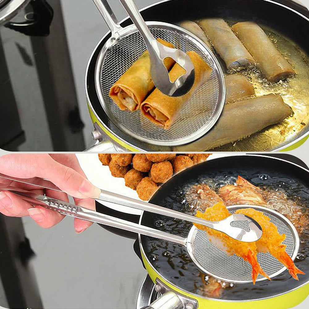 Stainless Steel Oil Frying Clamp Filter Fine Mesh Strainer With Clip Tongs for Oil-frying Food BBQ Kitchen Tools Zpaxo