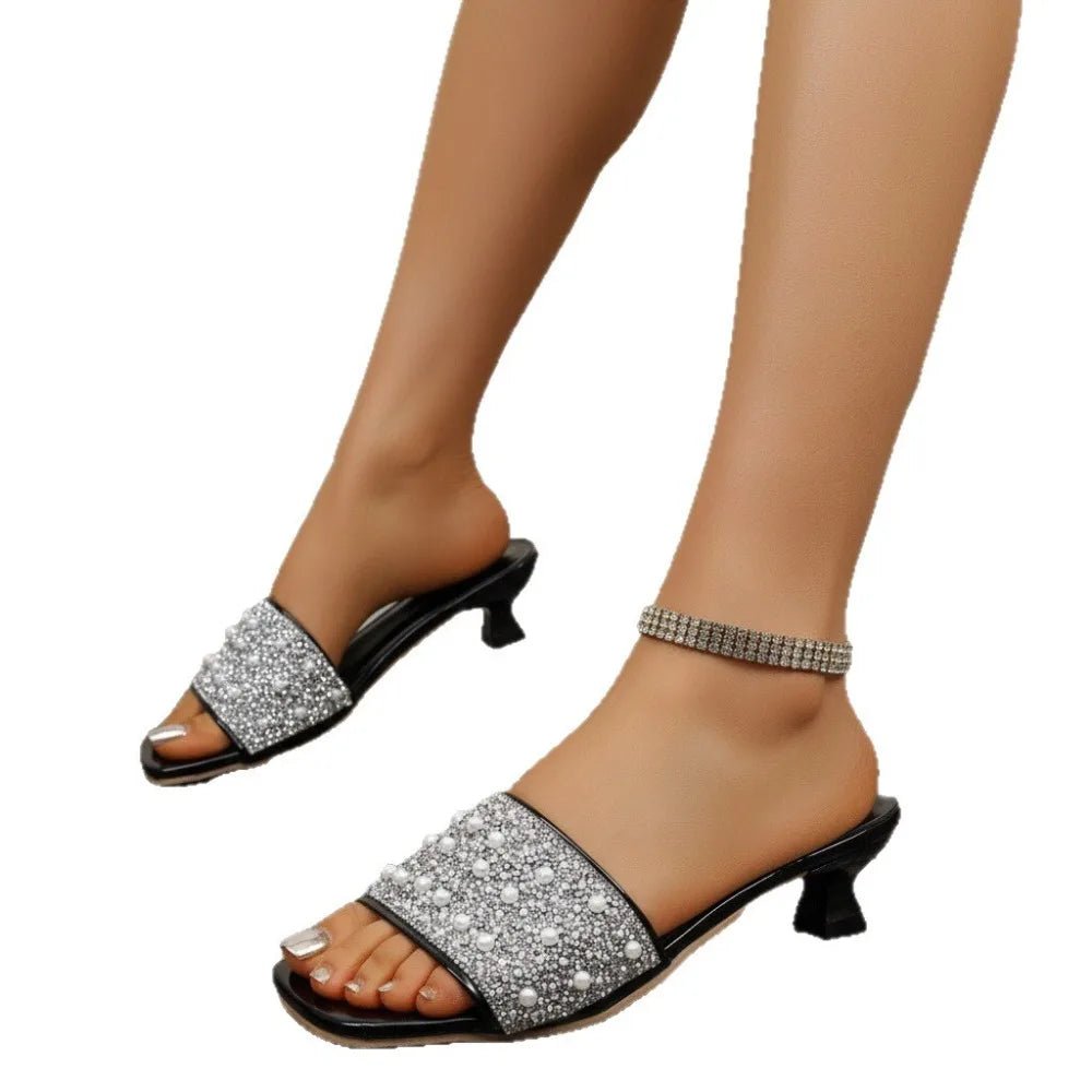Summer Rhinestone Heel Slip-on Slippers Wear Outside Versatile Square