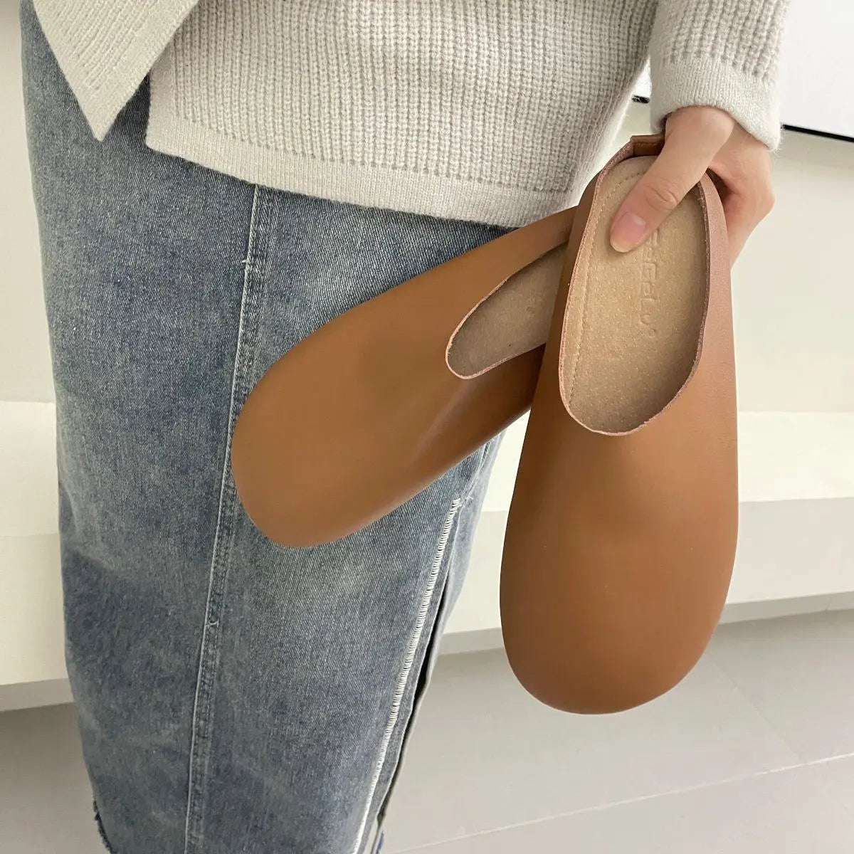 Elegant Women Mules Shoe Solid Leather Summer Slippers Outdoor Casual Zpaxo Dark Khaki 38(Foot 24cm) China Mainland