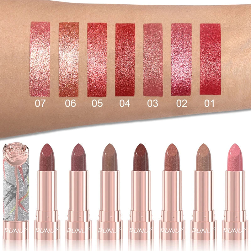 7-color Pearlescent Pink Glitter Velvet Lipstick Metallic Waterproof Long Lasting Shimmer Diamond Lipstick Women Makeup Cosmetic Zpaxo