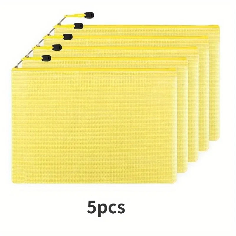 5Pcs A5 Stationery Storage Folder File Mesh Zipper Pouch Document Bag Zip File Folders School Office Supplies Zpaxo YELLOW