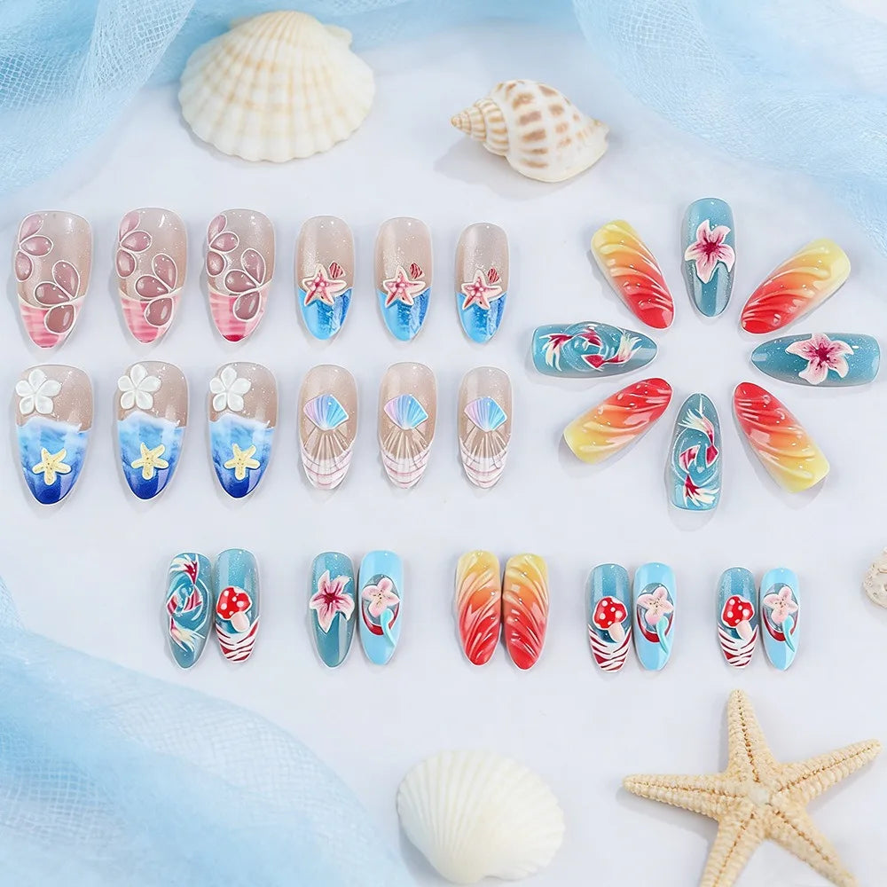 Sweet Ocean Theme Press-on Nails Almond-shaped 3D Flower Gel Fake Zpaxo