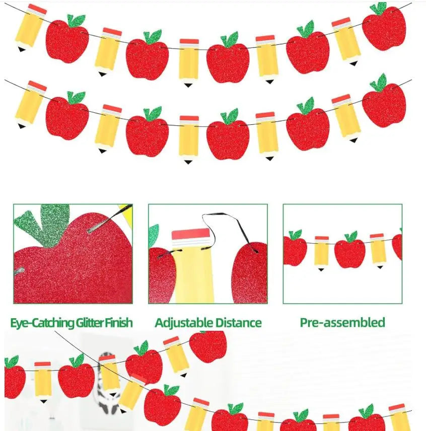 Glitter Apple Pencil Garland – Back to School Banner Decor Party Banner Garland Zpaxo