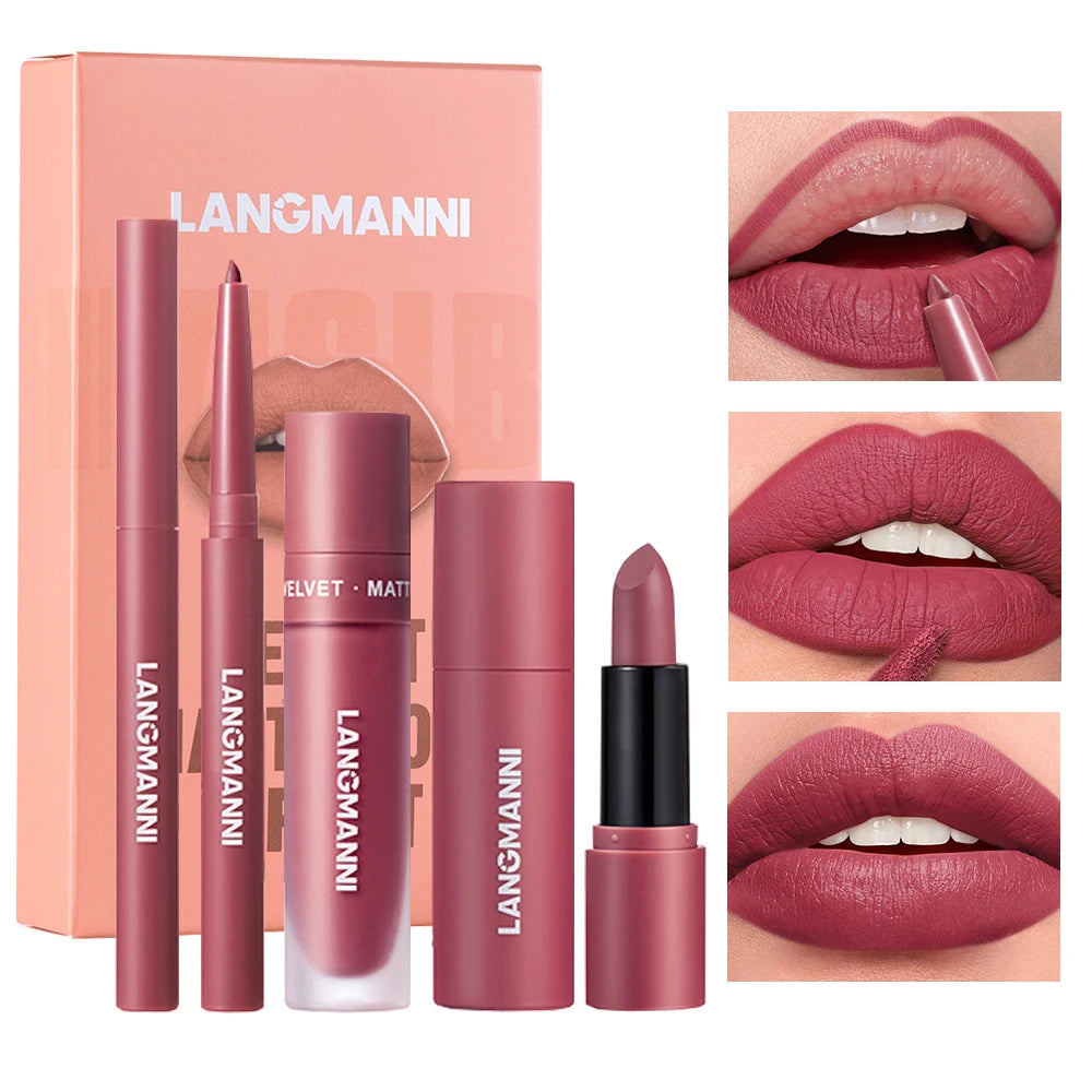 3-Piece Lip Gloss Liner Lipstick Waterproof Durable Matte Makeup Zpaxo