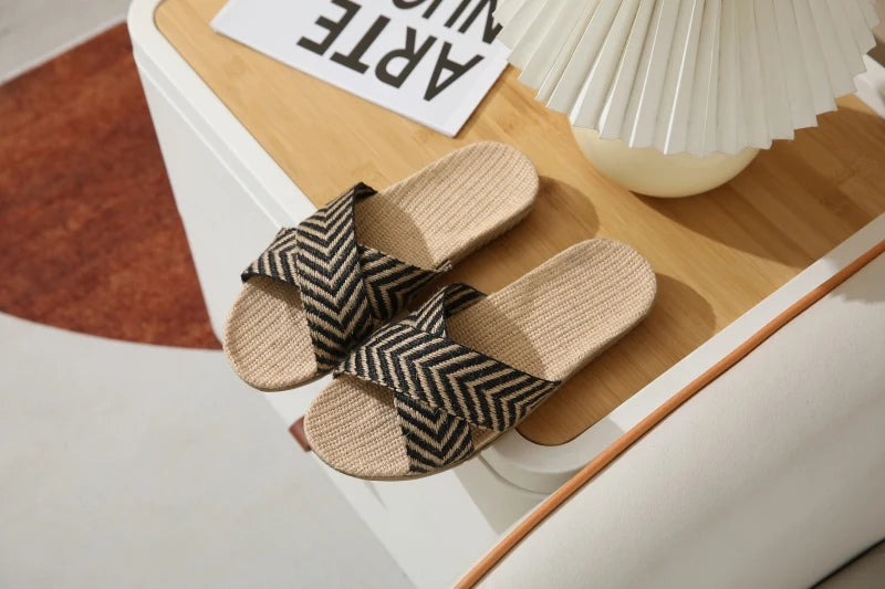 SHAJI Summer Women's Linen Slippers Home Lightweight Indoor Non-slip