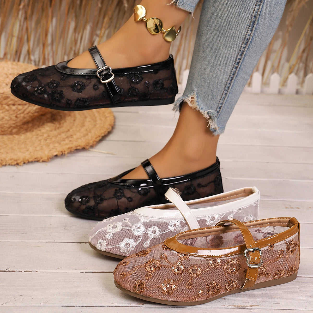 Women Sandals Elegant Lightweight Casual Shoes Embroidered Floral Mesh Mary Janes Shoes Women Breathable Ballet Flats Sandals Zpaxo