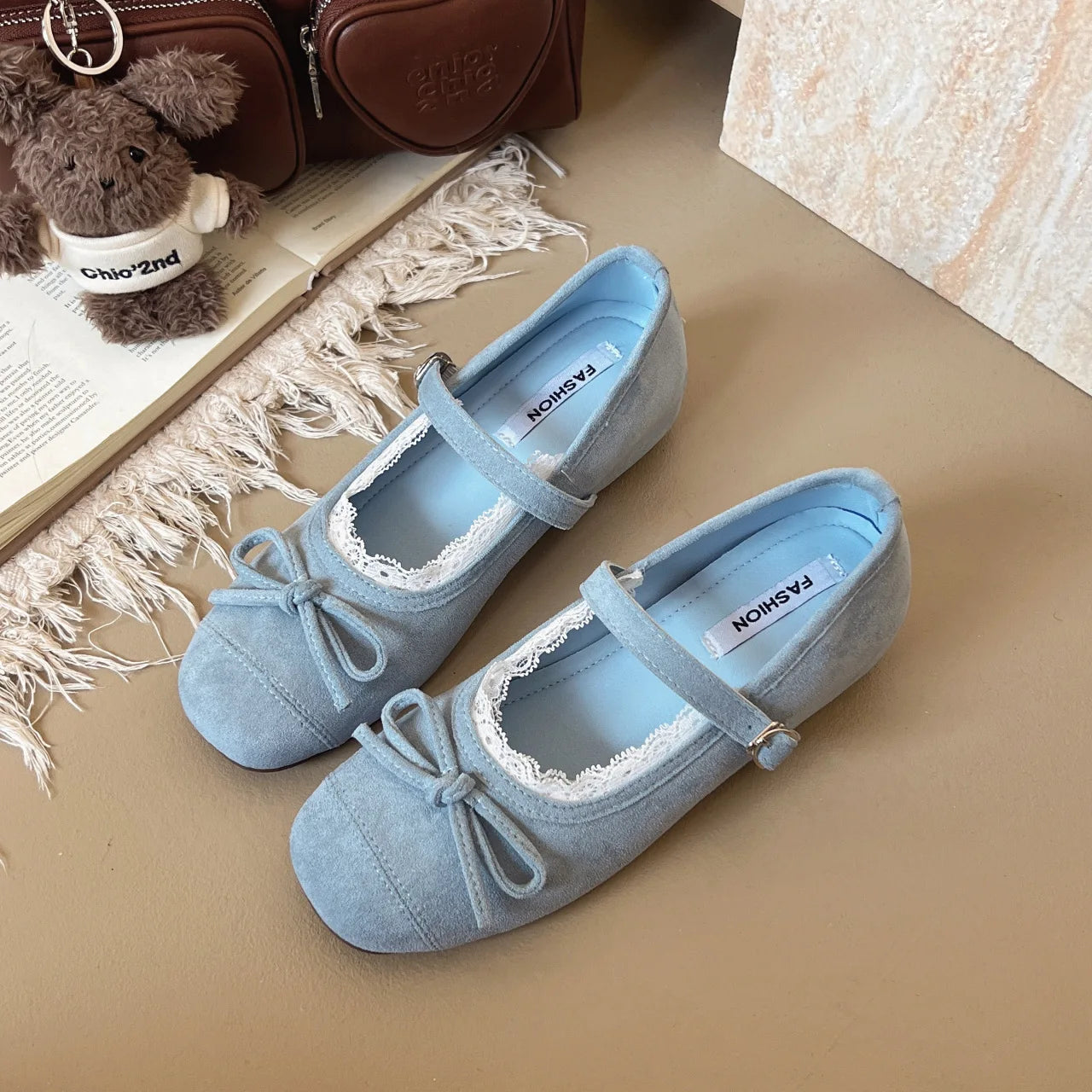Flat Shoes for Women Spring and Autumn 2025 Suede Inside and Increased Height Mary Jane Shoes New Butterfly Bow Square Toe Shoes Zpaxo blue 39