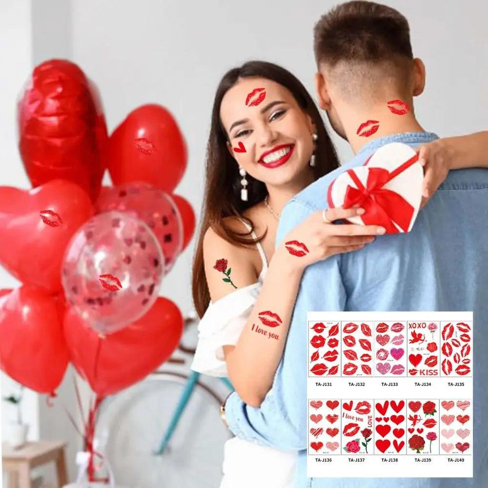 Valentine's Day Temporary Tattoo Stickers Lips Kiss Heart Waterproof Zpaxo