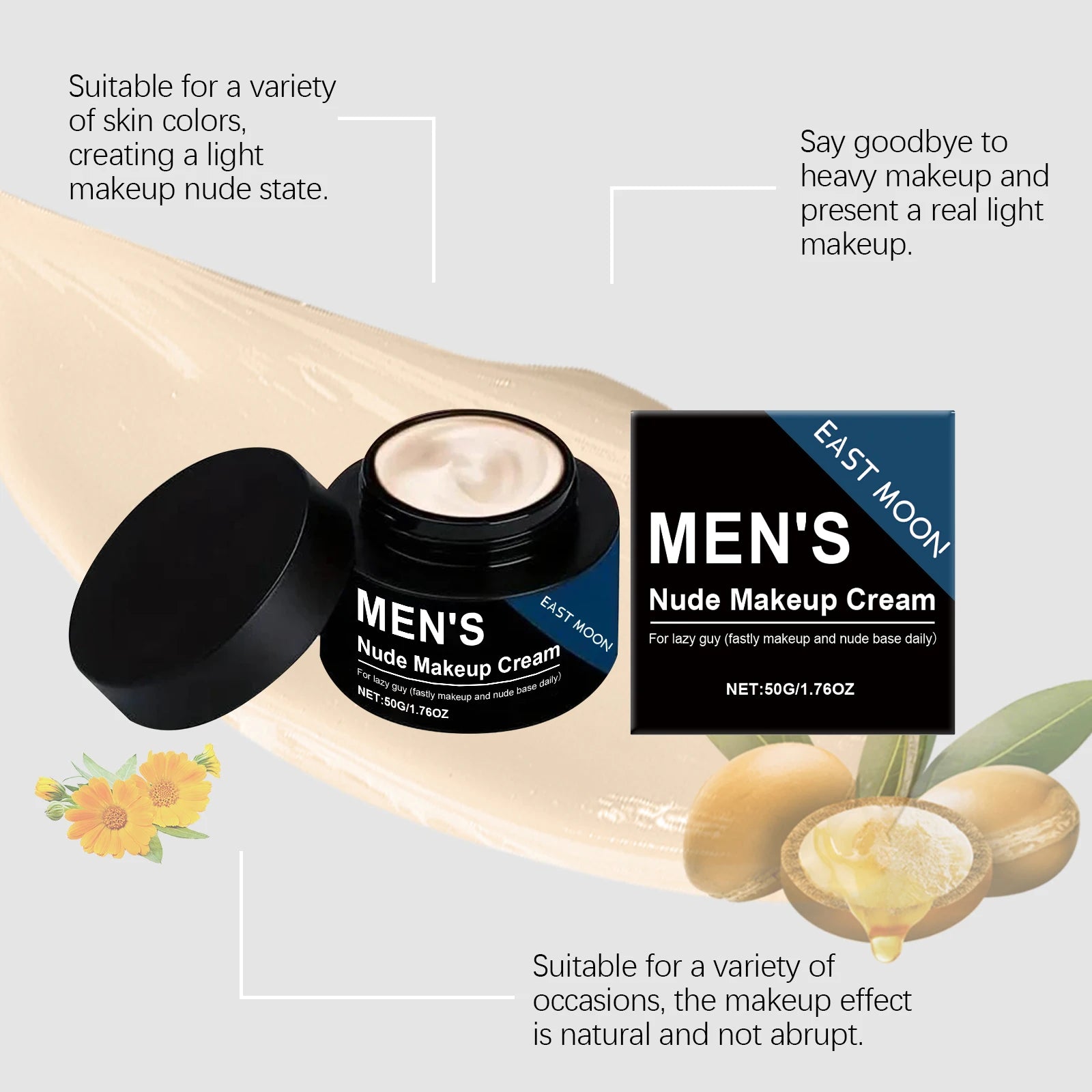 Men's BB Cream Natural Nude Tone Hydrating Cover Blemishes Sweatproof Long Lasting Oil-Free Matte Finish Nude Makeup Cream Zpaxo