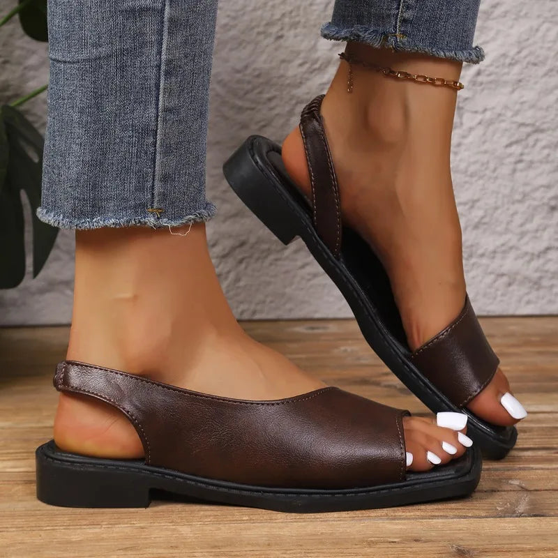 Women's Vintage Comfortable Mid Heel Sandals Summer Women Square Open Zpaxo