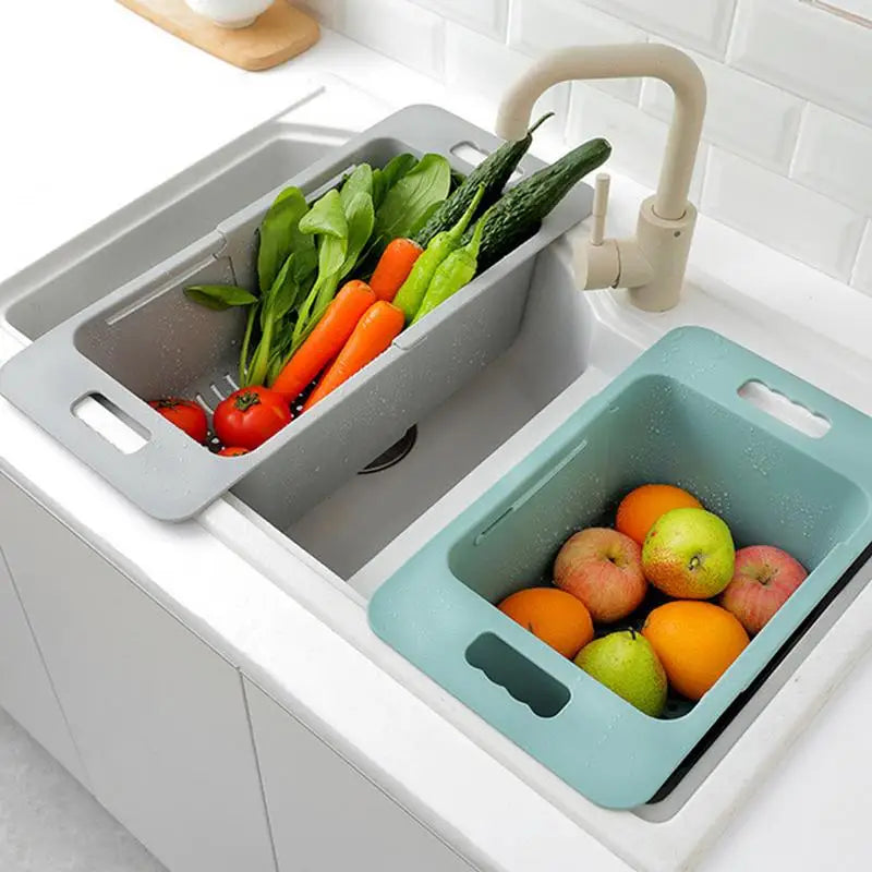 Over Sink Retractable Colander Strainer Basket Wash Vegetables Fruits
