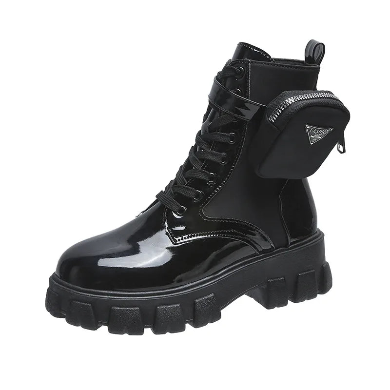 2024 Women Thick-soled Leather Boots Casual Fashion Lace-up Nylon Zpaxo Black 3 37(Foot 23.5cm) China Mainland