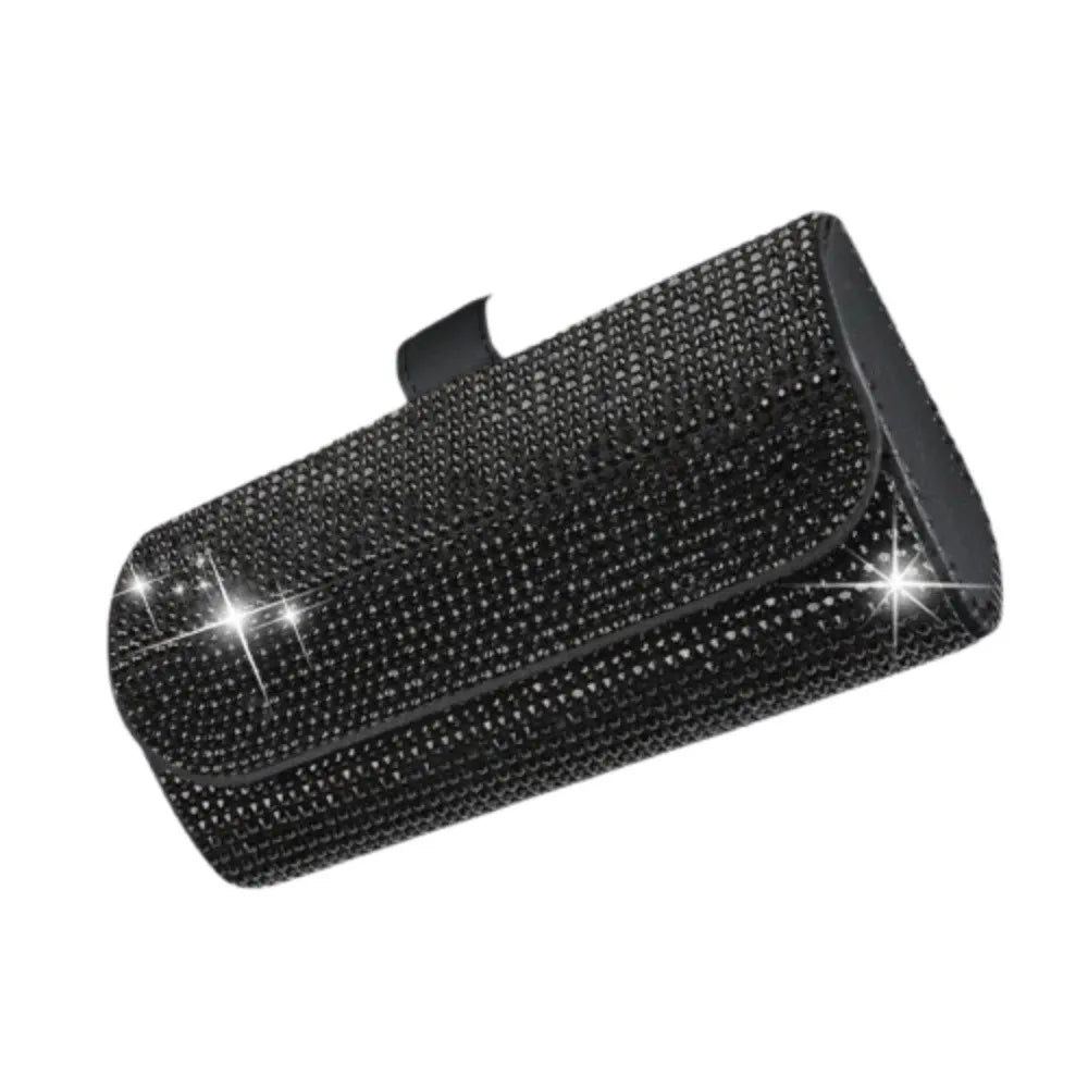 Portable Bling Sun Visor Glasses Case Rhinestone PU Leather Car Eyeglasses Holder Crystal Luxury Sunglasses Storage Box Vehicle Zpaxo Black