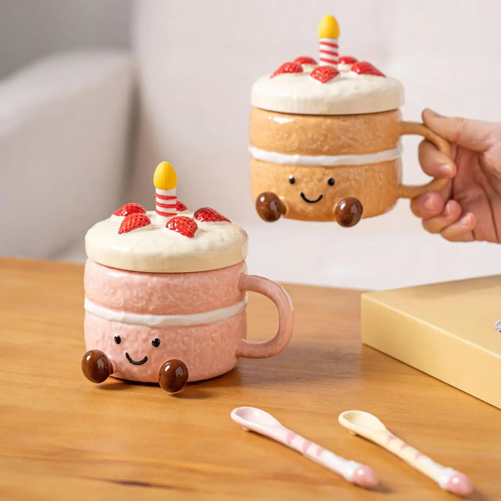 Funny Mugs For Women 400ml Ceramic With Lid Spoon Cake Shaped Aesthetic Mug Tea Cup For Women Christmas Birthday Valentines Day Zpaxo