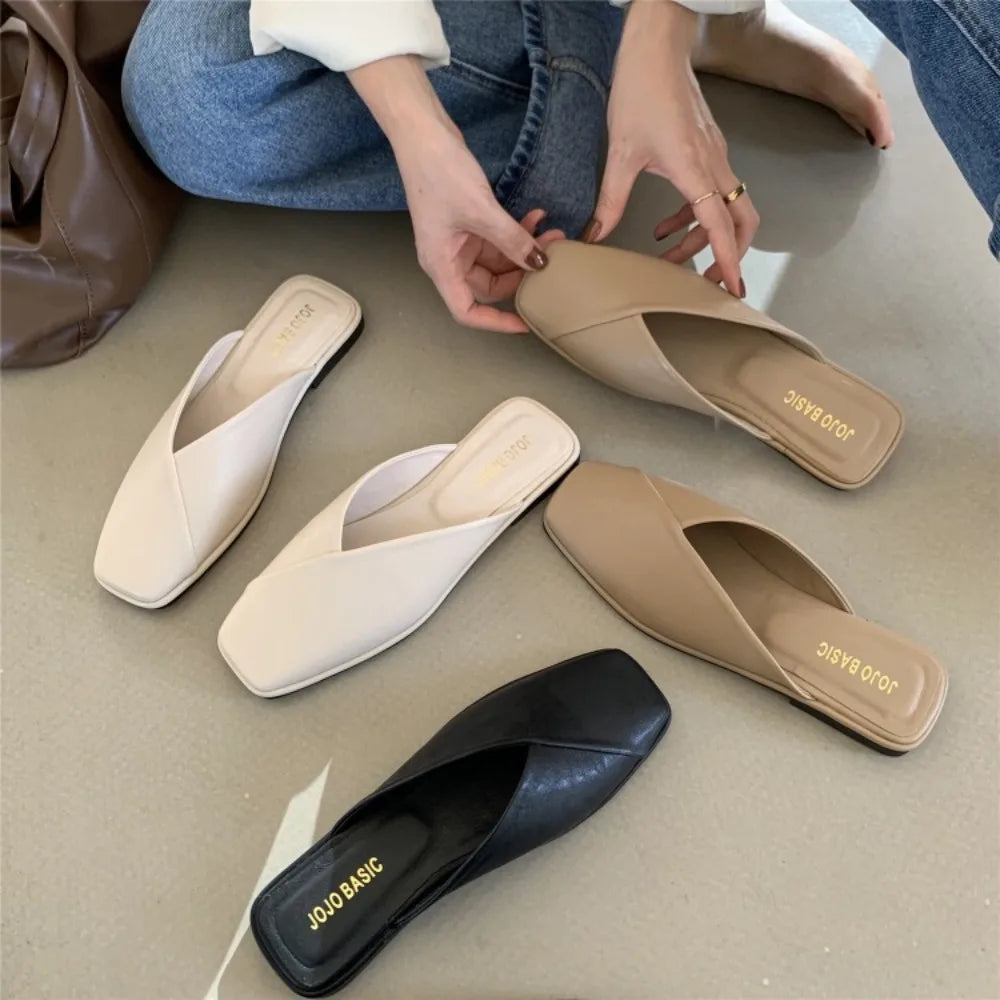 Women Mules 2025 Summer Elegant Square Closed Toe Flat Slippers