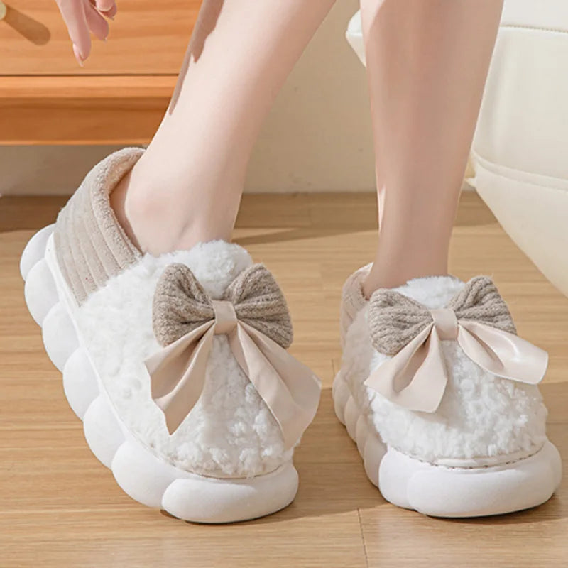 Fur Slippers Women Winter Bow Furry Fashion Warm Ankles Plush Cozy