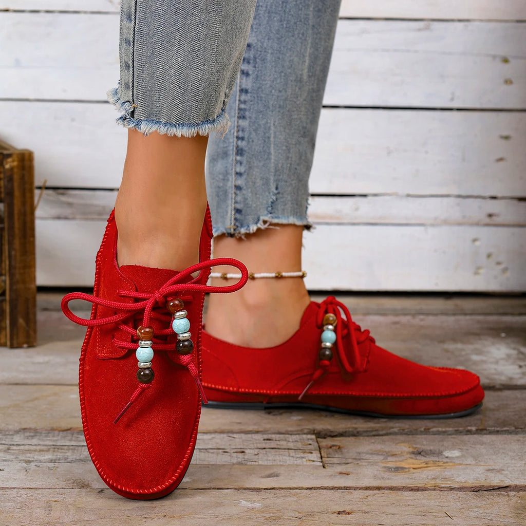 2025 Women Loafers Round Toe Lace-up String Bead Shoes Leisure Spring Autumn Sneakers Woman Retro Style Plus Size Shoes Women Zpaxo