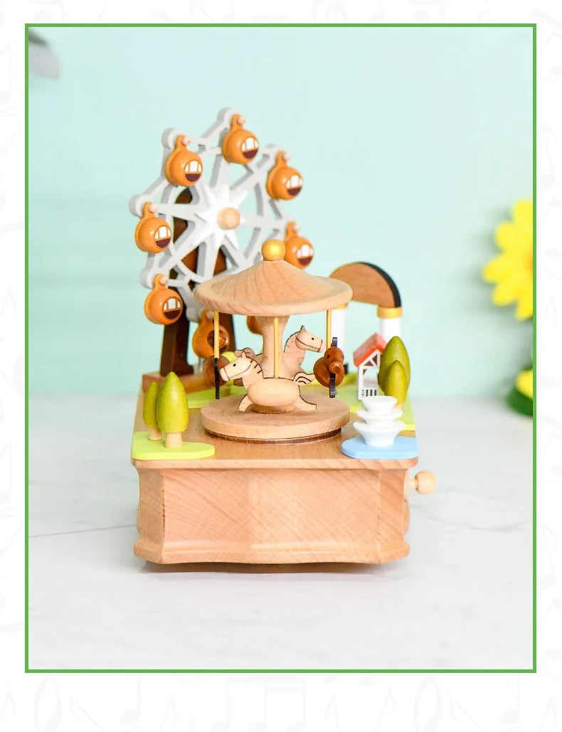 Wooden Carousel Ferris Wheel Music Box – Hand Cranked Gift